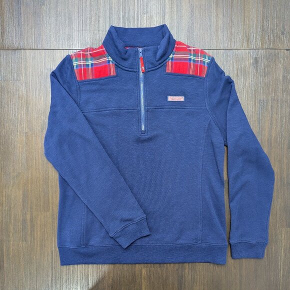 Vineyard Vines | Women's Large Blue Shep Shirt Zip Sweater w/ Holiday Plaid - Picture 1 of 9
